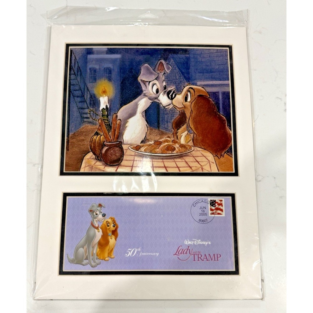 DISNEY'S LADY & TRAMP 2005 50TH ANNIVERSARY "KISS" COVER STAMP ART PRINT 16"x12"
